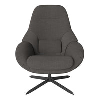 Gray upholstered chair with a modern design and smooth, rounded contours. Black metal base for a stylish contrast.