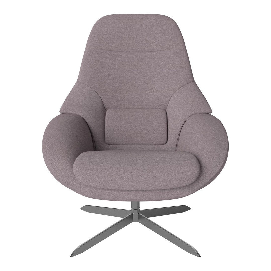 Soft lilac upholstery with smooth, modern contours and a sleek metal base. Perfect for contemporary decor.