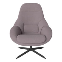 Soft lavender upholstered lounge chair with sleek black metal base, featuring a smooth, modern design.
