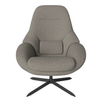 Textured gray fabric armchair with a smooth, curved silhouette and a sleek black metal base. Perfect for modern decor.