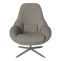 Gray upholstered chair with a textured pattern and smooth curves on a sleek metallic base.