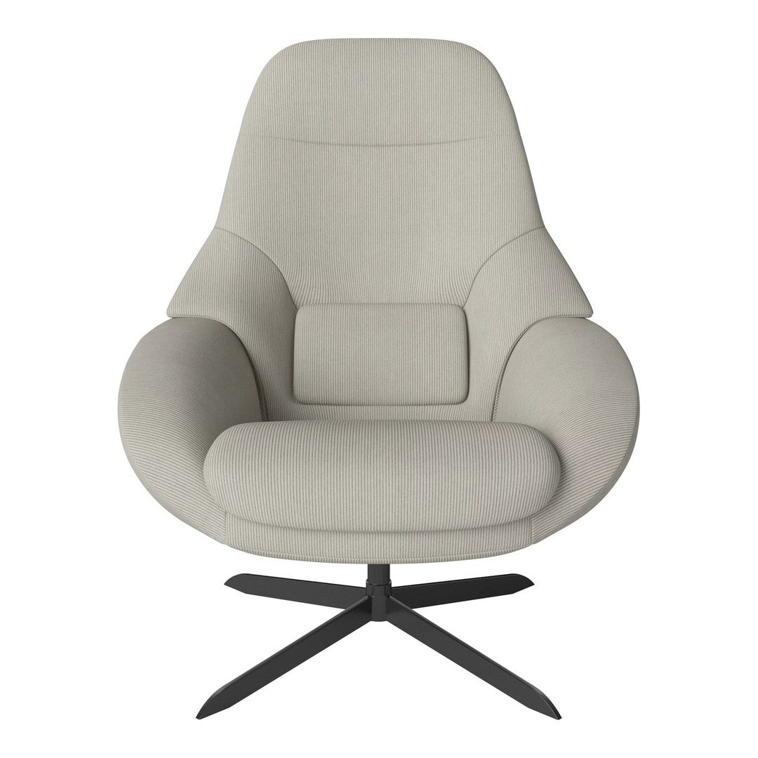 Light gray upholstered chair with a sleek, modern design and a black base. Ideal for contemporary decor.