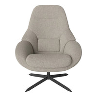 Light gray upholstered chair with a smooth, modern design and a sleek black metal base. Perfect for contemporary spaces.