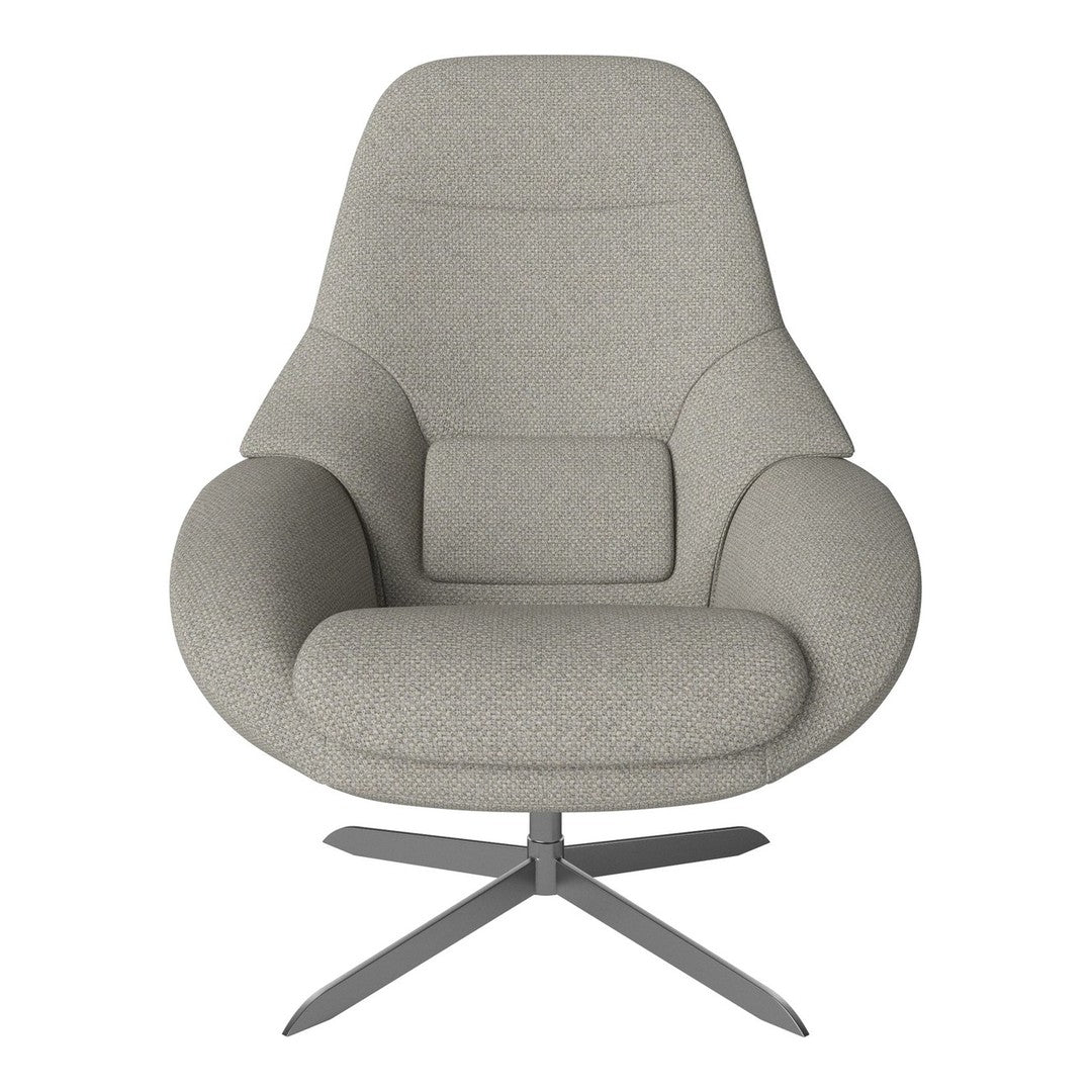 Gray upholstered chair with a smooth finish and minimalist design; features a modern, sleek metal base.