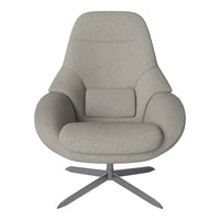 Gray upholstered chair with a smooth finish and minimalist design; features a modern, sleek metal base.