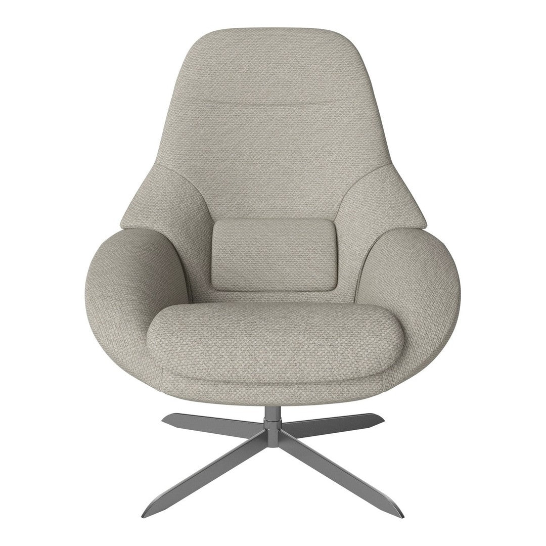 Light gray upholstered chair with a smooth, minimalist design and subtle texture, featuring a sleek metal base.