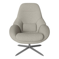 Light gray upholstered chair with a smooth, minimalist design and subtle texture, featuring a sleek metal base.