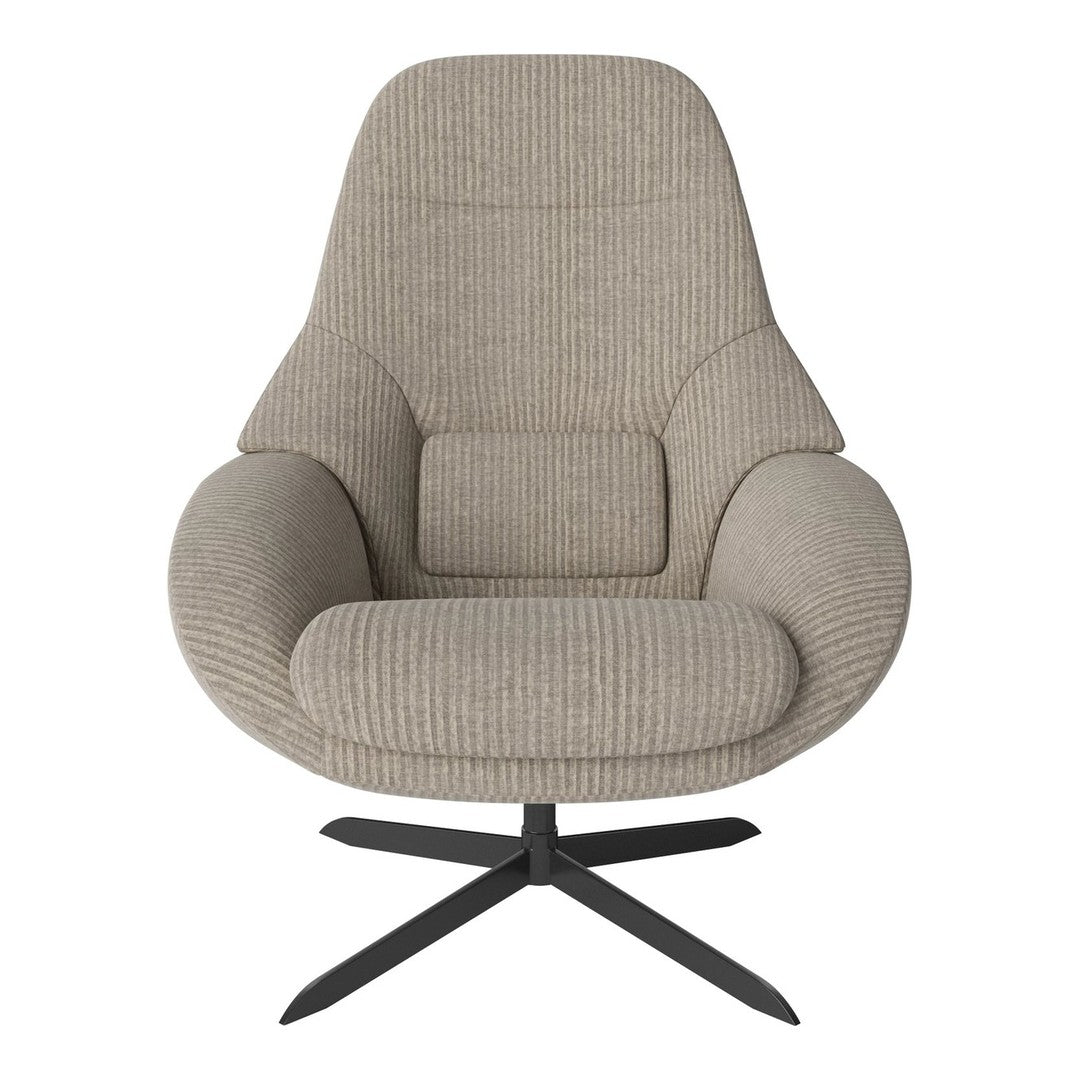 Beige textured lounge chair with a modern ribbed pattern and a sleek black base. Ideal for contemporary interiors.