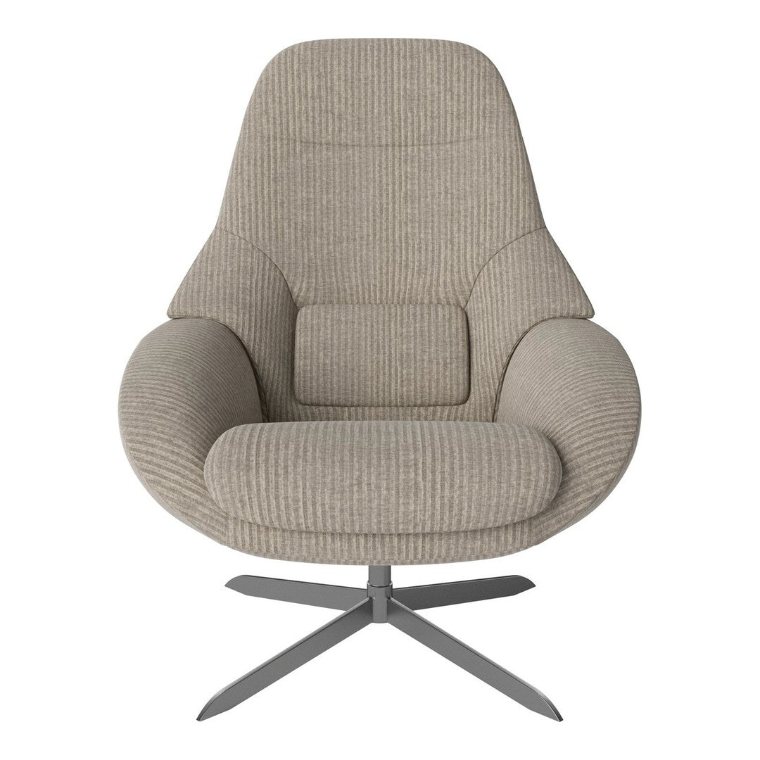 Beige ribbed accent chair with a stylish modern design and sleek metal base. Perfect for contemporary decor.