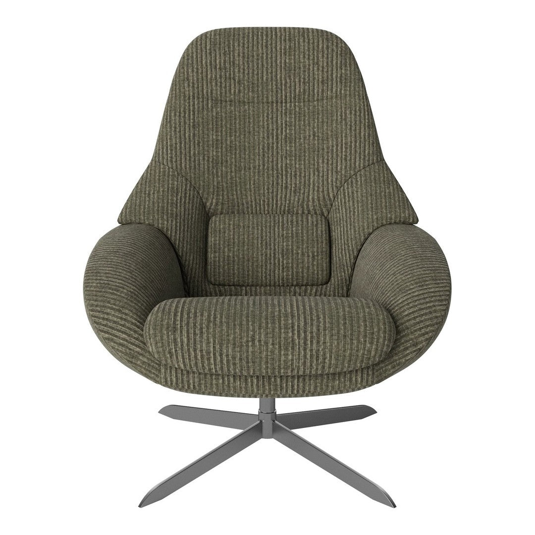 Green ribbed fabric lounge chair with a modern design and sleek metal base. Perfect for contemporary decor.