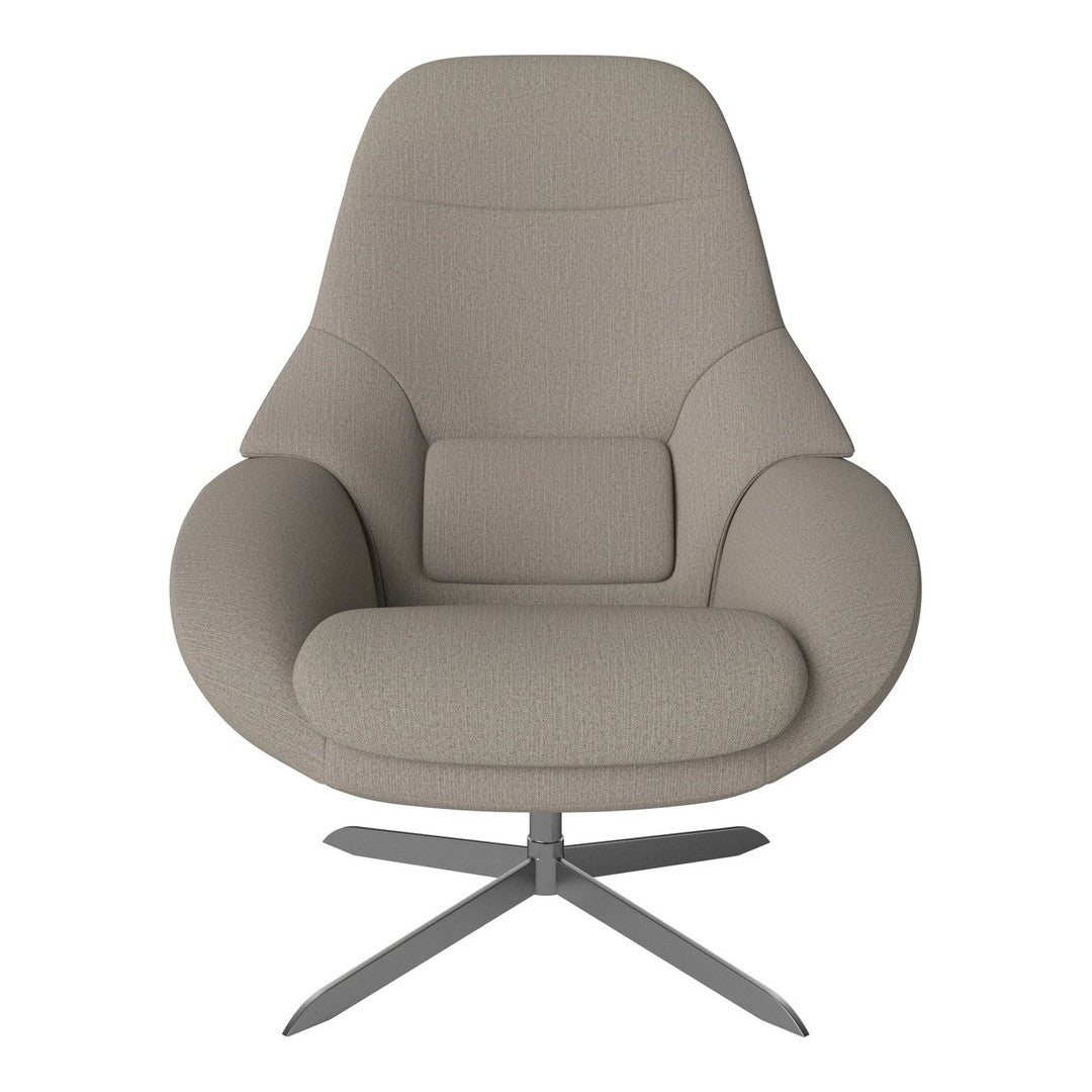 Beige upholstered chair with smooth, modern contours and a sleek metallic base. Elegant and minimalist design.