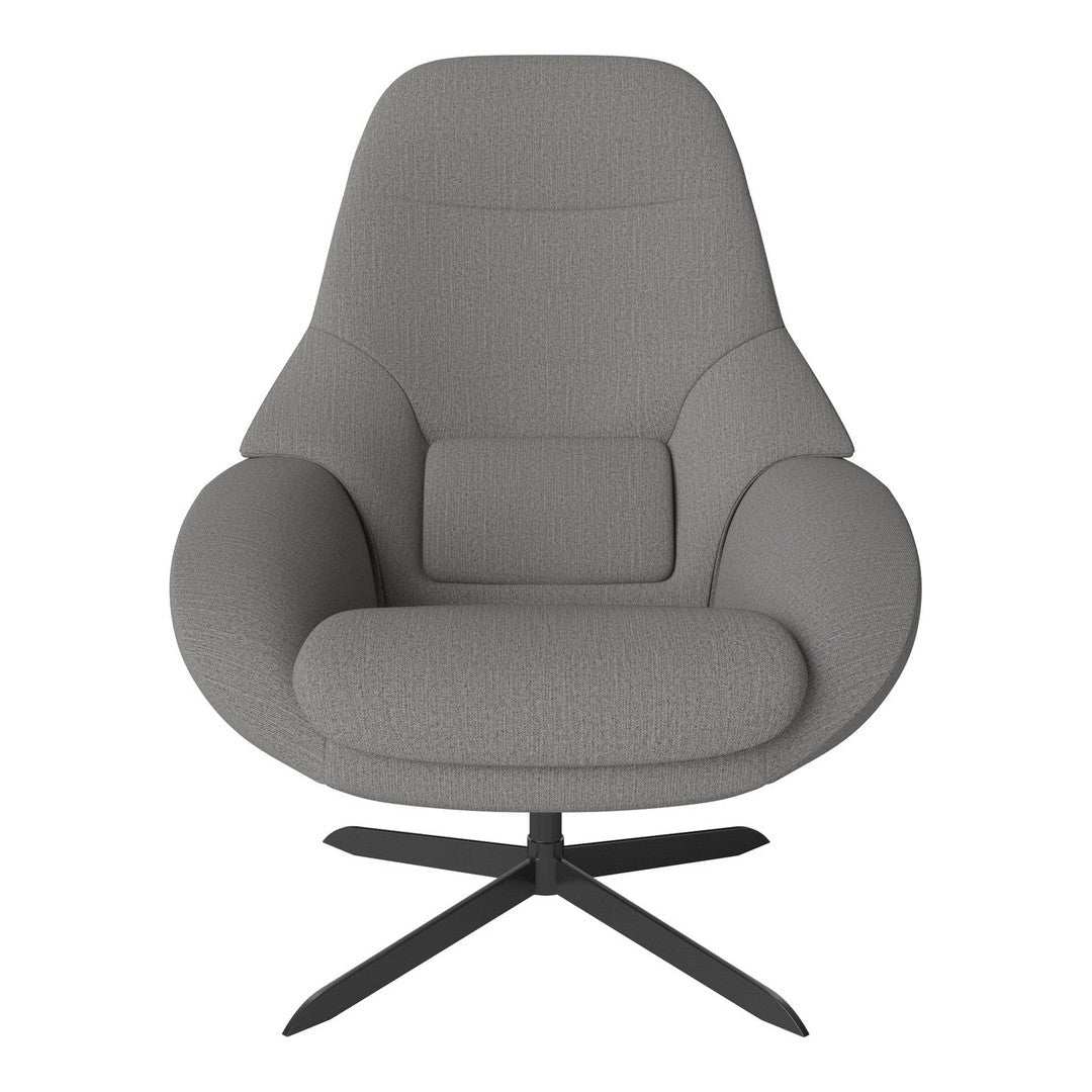 Soft gray lounge chair with a smooth texture and minimalist design, featuring a sleek black swivel base.