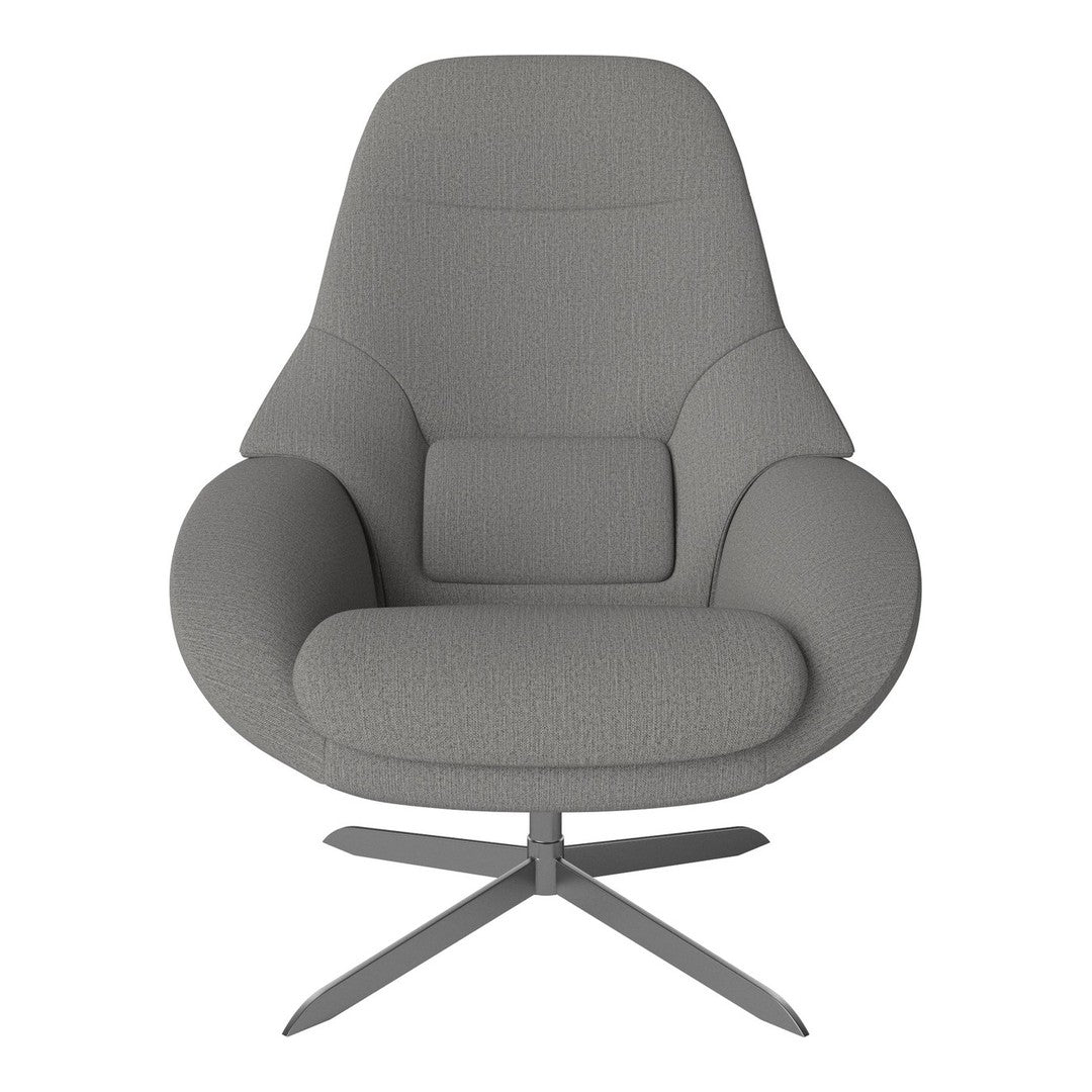 Gray upholstered chair with a smooth texture and contemporary design, featuring a minimalist style and sleek metal base.