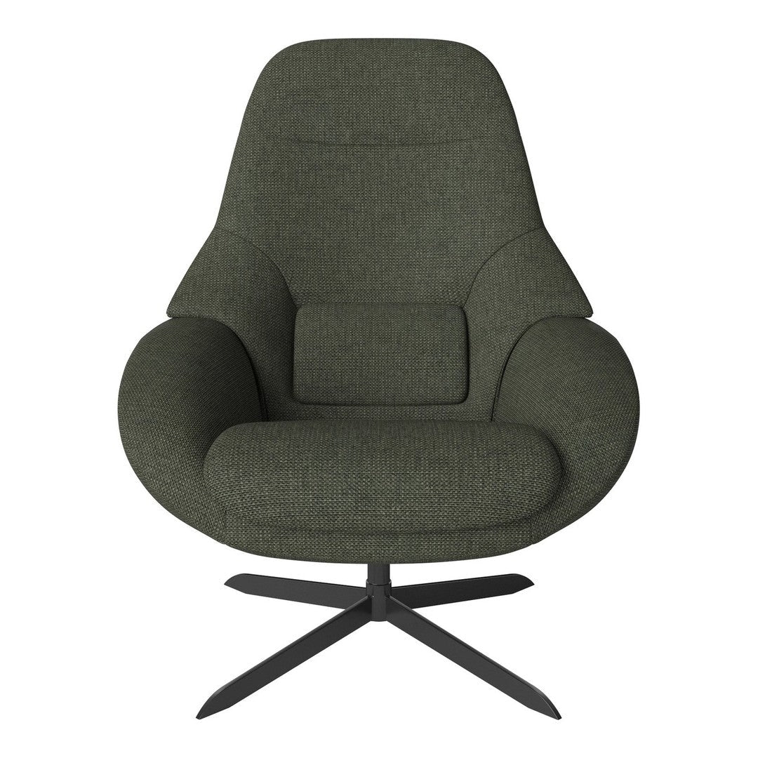 Olive green upholstered chair with a sleek design and textured fabric, featuring a modern black metal base.