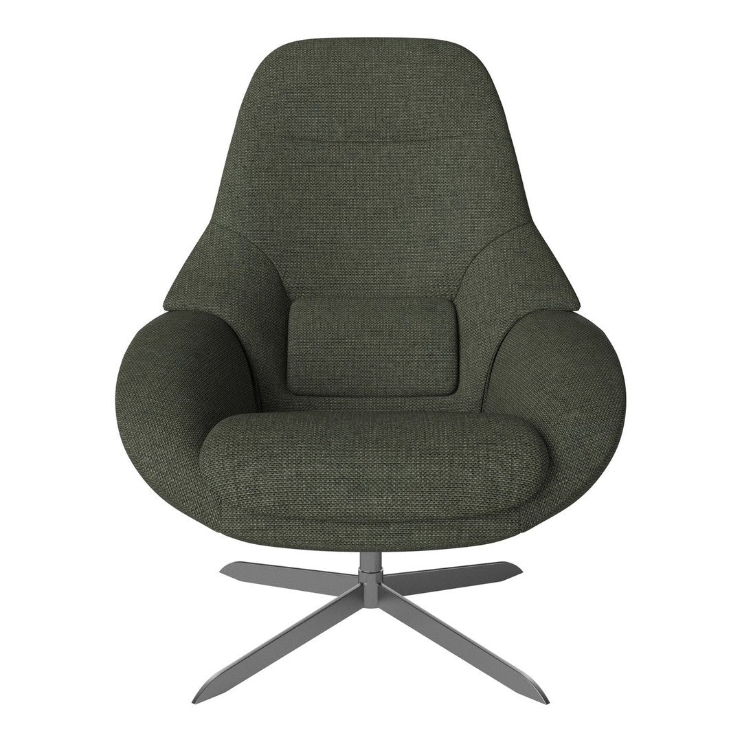 Green upholstered chair with a smooth, modern design and a sleek metal base, perfect for contemporary decor.