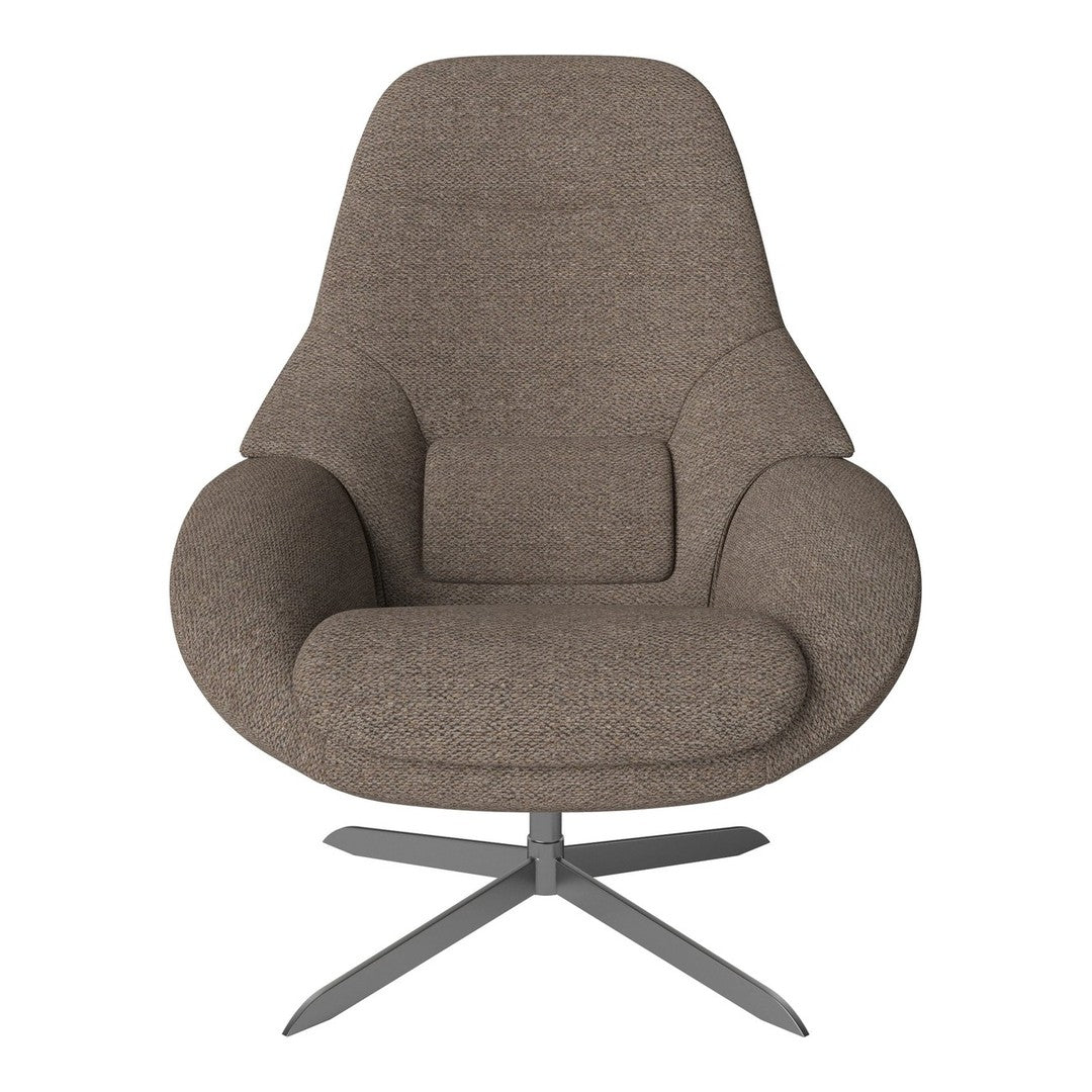 Plush taupe armchair with smooth, rounded contours and a sleek metal base, ideal for modern interiors.