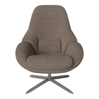 Plush taupe armchair with smooth, rounded contours and a sleek metal base, ideal for modern interiors.