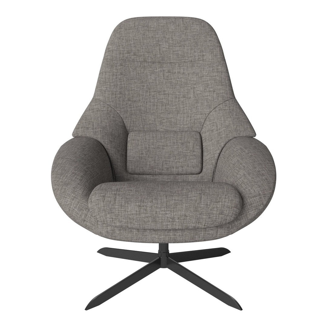Gray upholstered chair with a textured fabric and a sleek black metal base. Modern design with a cozy, inviting look.