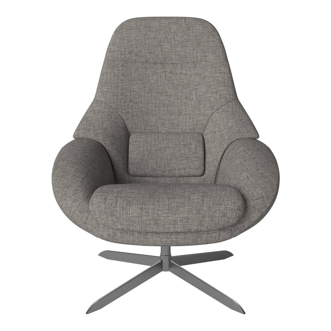 Gray fabric armchair with smooth curves and a subtle textured pattern, featuring a minimalist silver base.