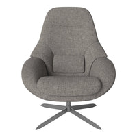 Gray fabric armchair with smooth curves and a subtle textured pattern, featuring a minimalist silver base.