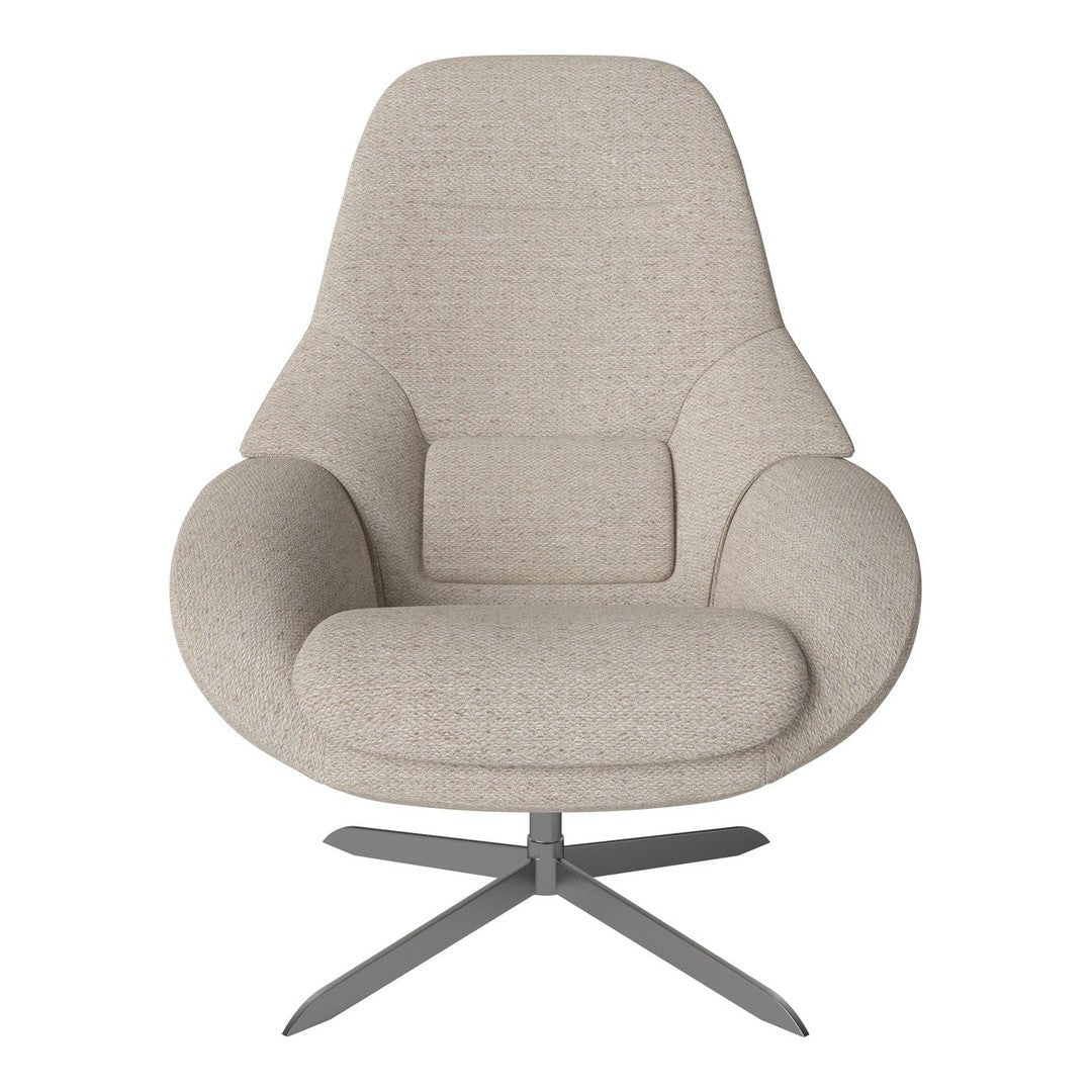 Minimalist beige upholstered chair with a smooth texture and subtle pattern on a sleek silver base.
