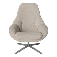 Minimalist beige upholstered chair with a smooth texture and subtle pattern on a sleek silver base.