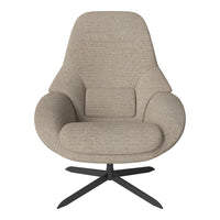Beige textured fabric chair with a sleek black base, featuring a contemporary design and smooth curves.