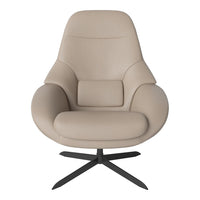 Beige upholstered chair with a smooth, modern design and a sleek black metal base. Perfect for contemporary interiors.