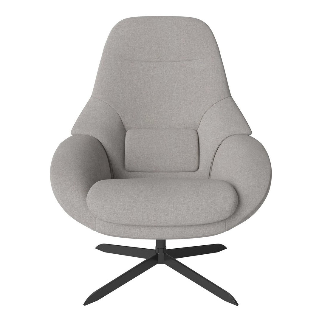 Light gray upholstered chair with a smooth finish and modern design featuring a black metal base.