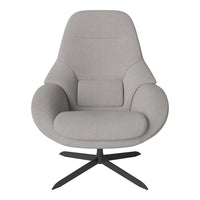 Light gray upholstered chair with a smooth finish and modern design featuring a black metal base.