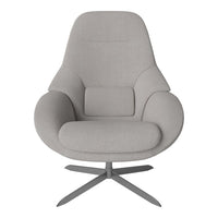 Modern light gray armchair with smooth finish and minimalistic design, featuring a sleek metal base.