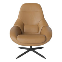Tan leather swivel chair with smooth, contoured design and a matte black base, perfect for modern interiors.