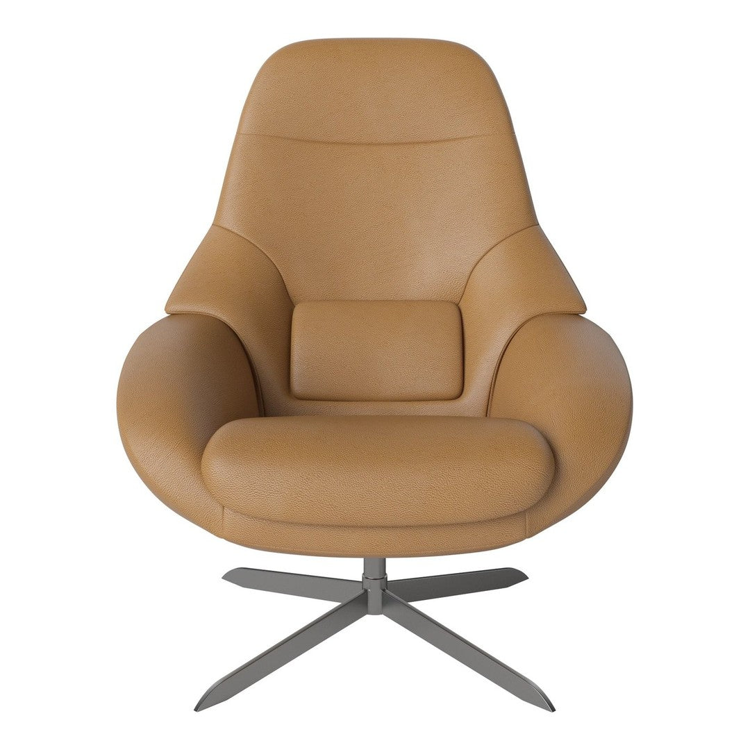 Tan leather swivel chair with smooth, minimalist design and sleek silver metal base. Perfect for modern interiors.