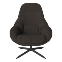 Textured dark brown upholstered chair with a sleek black metal base, featuring a modern, minimalist design.