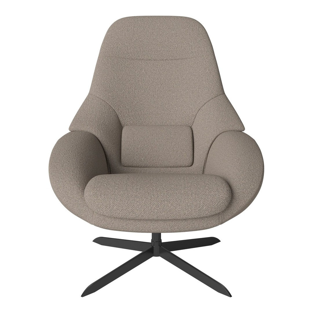 Beige upholstered chair with a curved design and subtle textured pattern, set on a sleek black metal base.