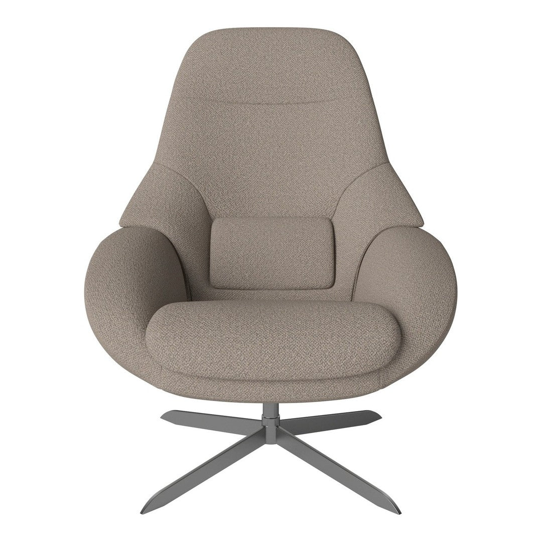 Light taupe upholstered chair with a smooth, minimalist design and metallic base, adding modern elegance to any space.