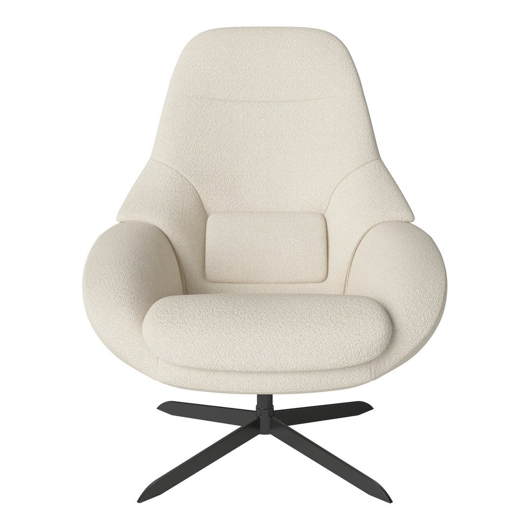 Cream-colored ergonomic chair with smooth, minimalistic design and a soft, textured fabric finish.