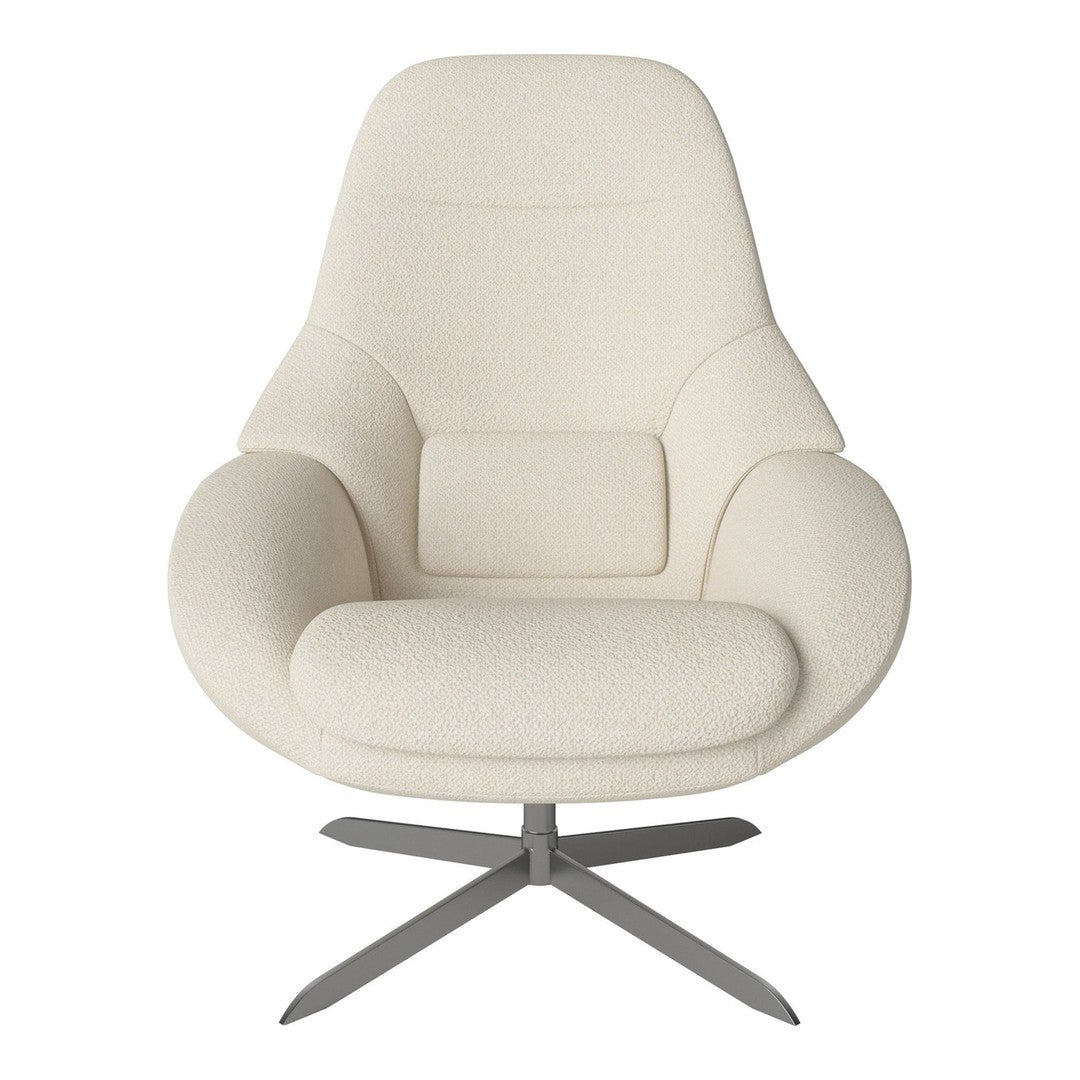 Cream-colored, smooth upholstered chair with a minimalist design and subtle texture on a sleek metallic base.