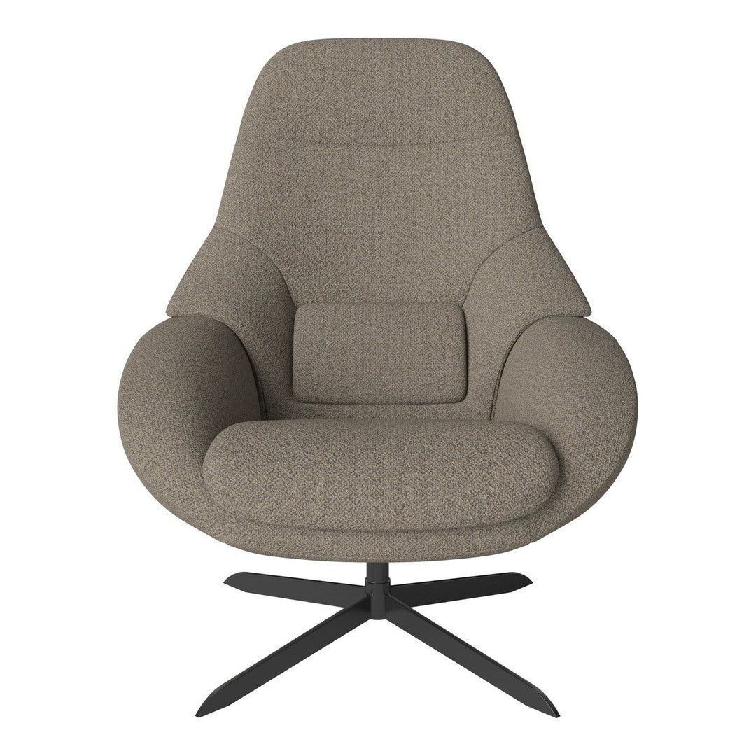 Cozy beige chair with a smooth texture and subtle pattern, featuring a sleek black base for modern elegance.