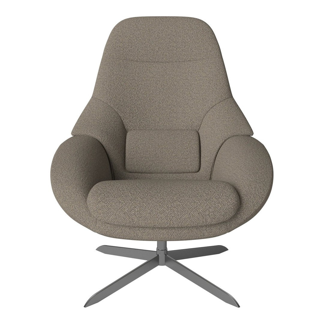 Stylish grey accent chair with a textured fabric pattern and a modern metal base. Perfect for contemporary decor.