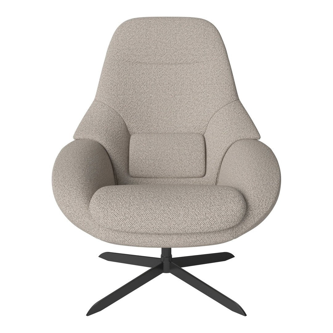 Light beige upholstered chair with a textured fabric and a sleek black metal base, featuring a modern shape.