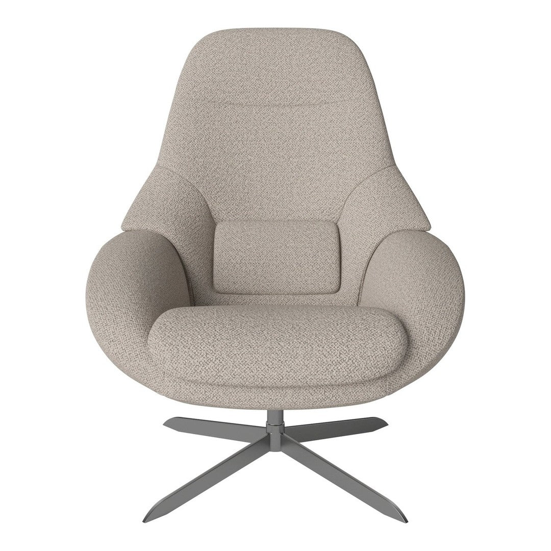 Light beige upholstered chair with a textured fabric and soft curves, complemented by a sleek metal base.