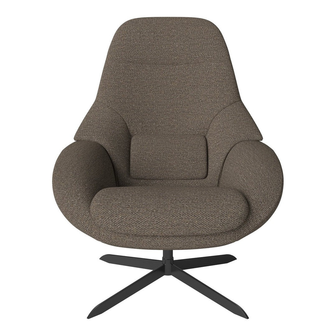 Cozy brown lounge chair with soft, textured fabric and sleek black metal base. Perfect for modern interiors.