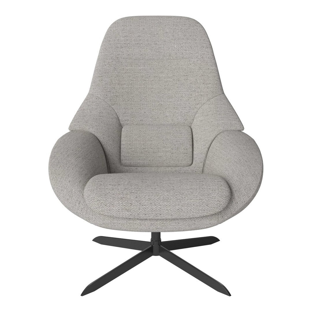 Gray upholstered chair with smooth, minimalist design and a black metal base, perfect for modern decor.