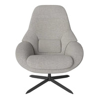 Gray upholstered chair with smooth, minimalist design and a black metal base, perfect for modern decor.