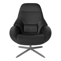 Black upholstered chair with smooth curves and a sleek, modern design, featuring a minimalist aesthetic and metallic base.