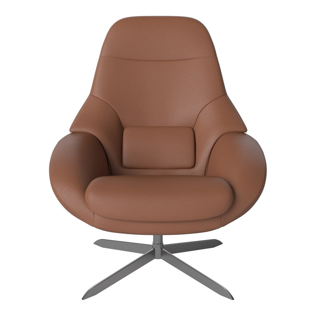Stylish brown leather armchair with smooth, modern contours and a sleek metallic base. Perfect for any contemporary space.