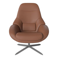 Stylish brown leather armchair with smooth, modern contours and a sleek metallic base. Perfect for any contemporary space.