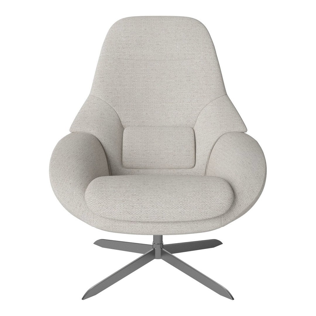 Light gray fabric chair with a sleek, modern design and rounded contours, featuring a subtle texture and no visible patterns.