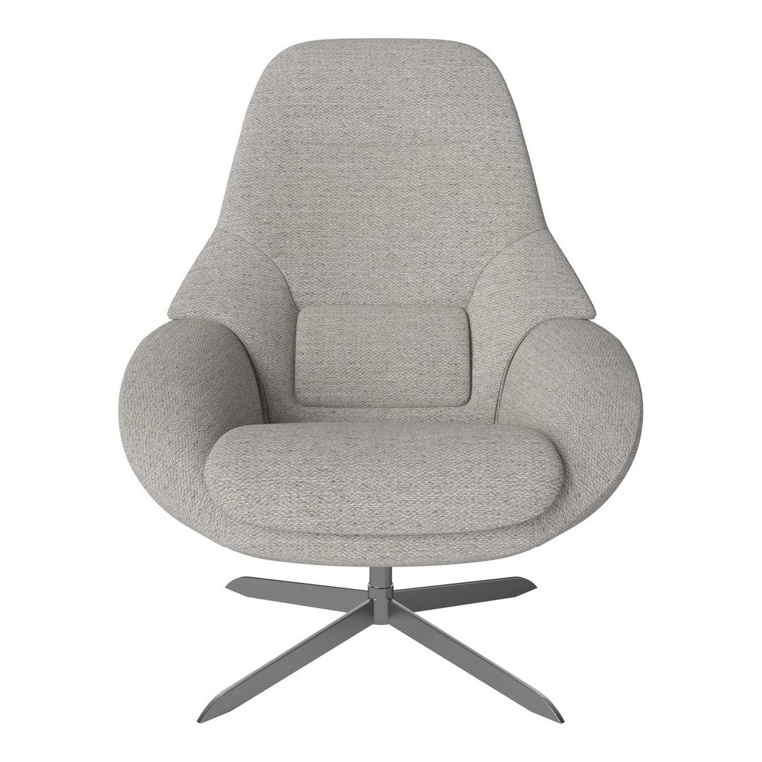 Light gray upholstered chair with a textured pattern and sleek metal base. Modern design for any room.